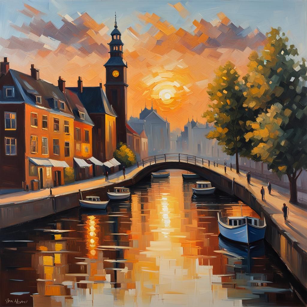 Impressionistic Dutch Cityscape at Golden Hour