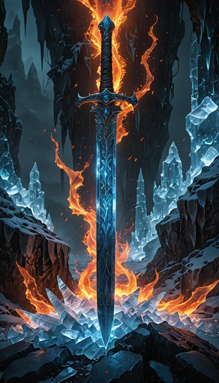 Intricate Ice Sword with Fiery Gemstone