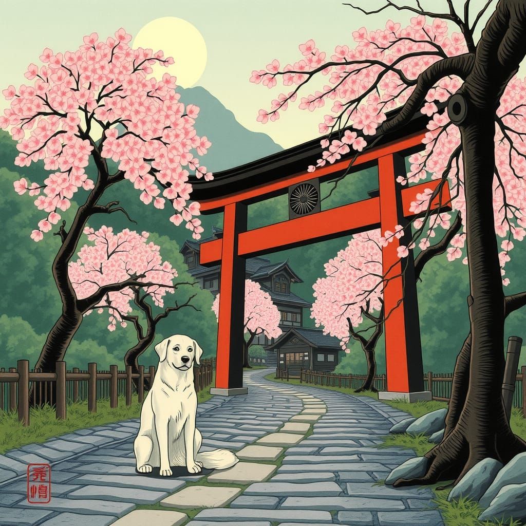 Serene Dog at Torii Gate in Ukiyo-e Style