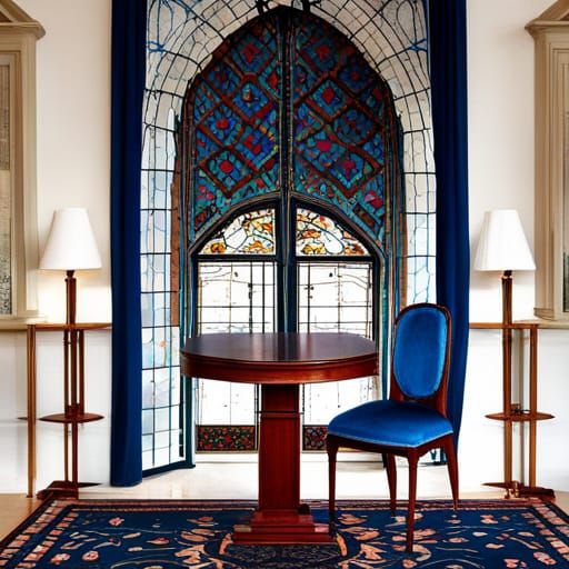 Stained Glass Window with Table and Chair