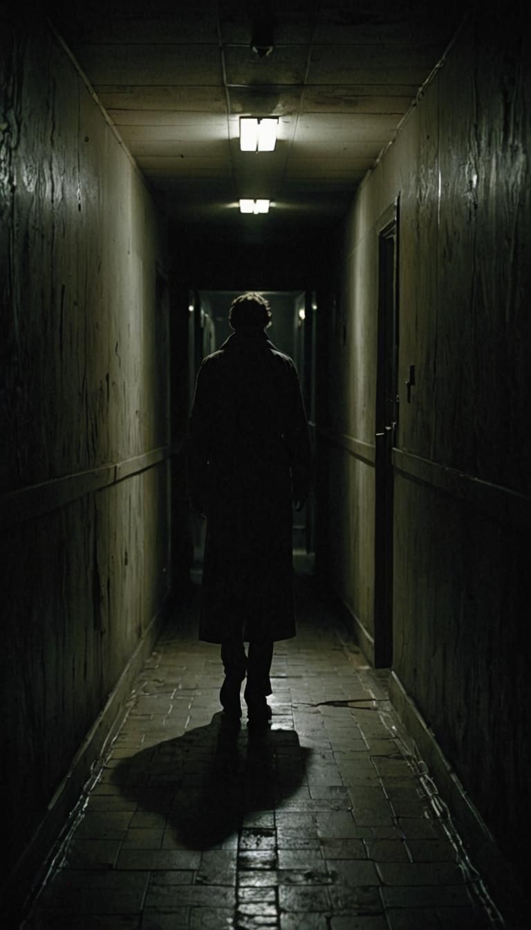 Sinister Figure in Dark Corridor: Psychological Horror