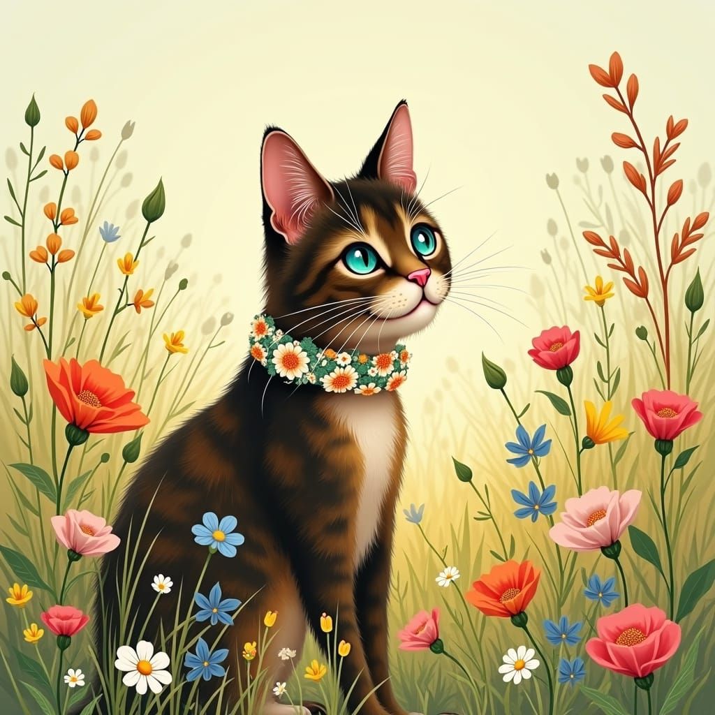Tortoiseshell Cat in Flower Meadow, Whimsical Style