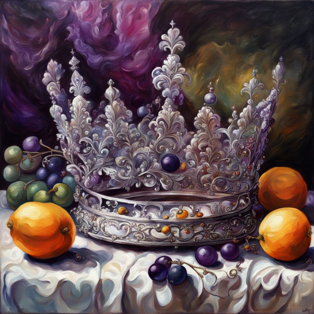 Whimsical Still Life in Vibrant Purple and Silver