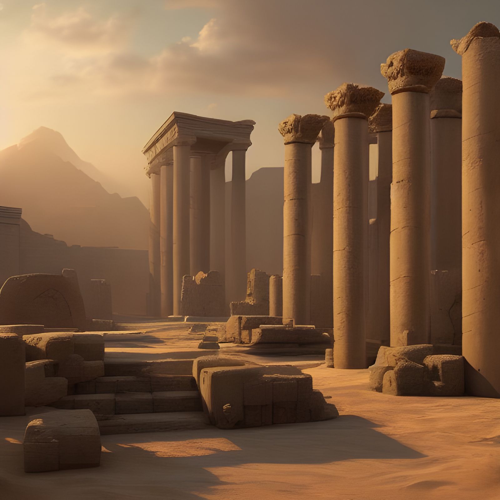 Desert Ruins with Ancient Columns, Photorealistic Digital Ar...