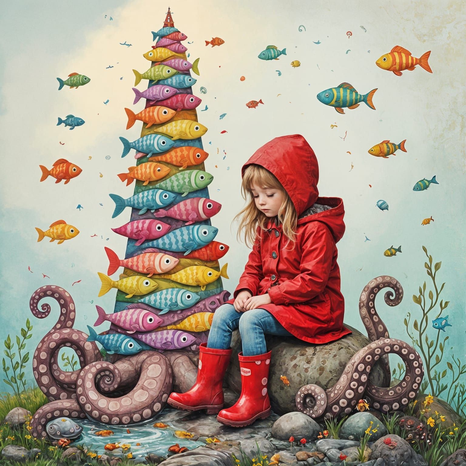 Girl in Red with Rainbow Fish, Children's Book Illustration