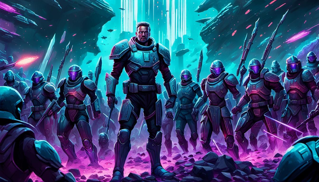 Triumphant Unity After Space Battle in Neon Sci-Fi Style