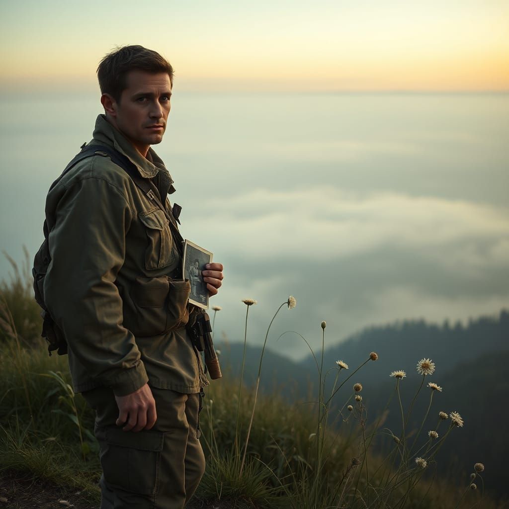 Lone Soldier Overlooking Misty Valley at Dawn