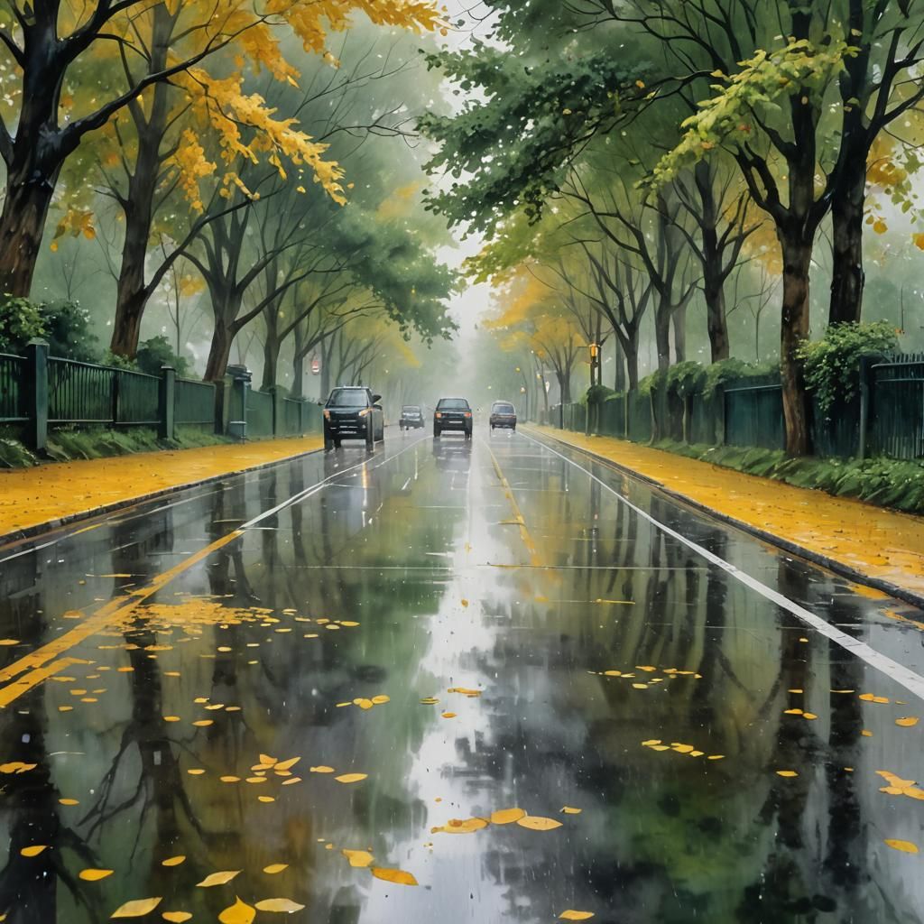 Rain-Drenched Road with Trees in Detailed Matte Painting