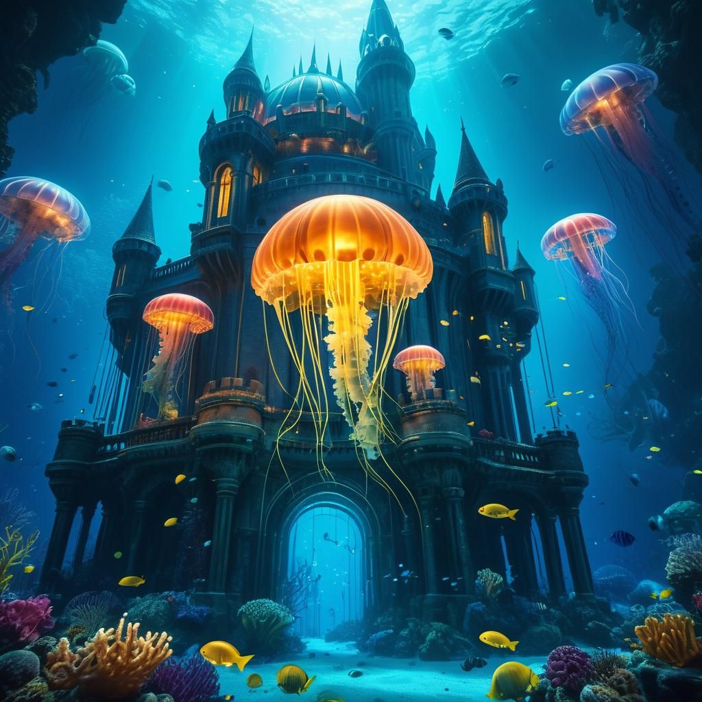 Underwater Castle with Glowing Jellyfish: Digital Matte Pain...