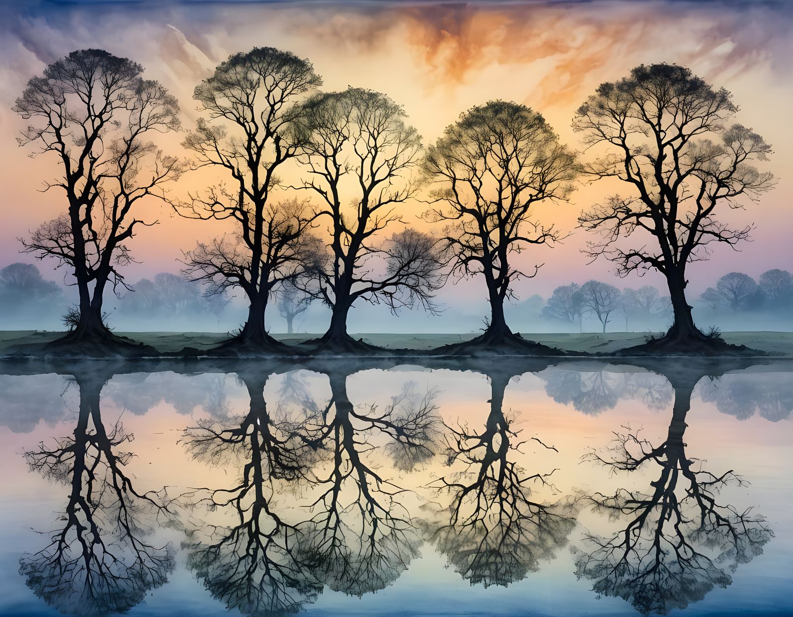 Reflections of bare trees in misty early morning light