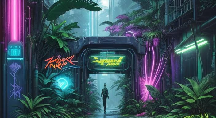 Cyberpunk Jungle Biosphere with Neon Graffiti
