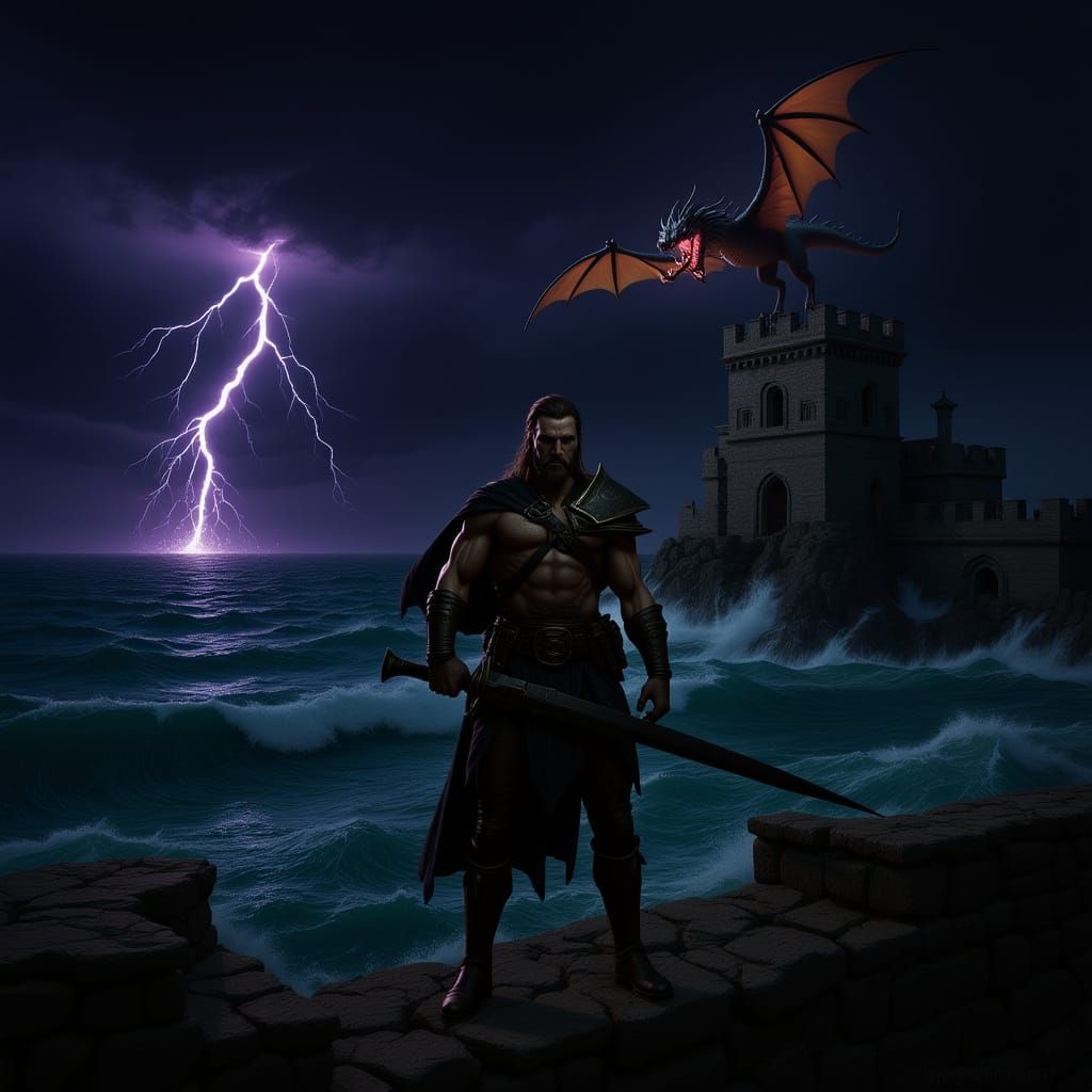 Warrior Overlooks Stormy Ocean with Attacking Dragons