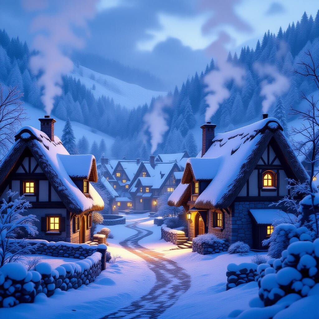 Cozy Medieval Village in Snowy Twilight