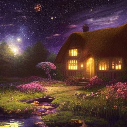 Cottagecore Cottage by Glowing Swamp Under Starry Night