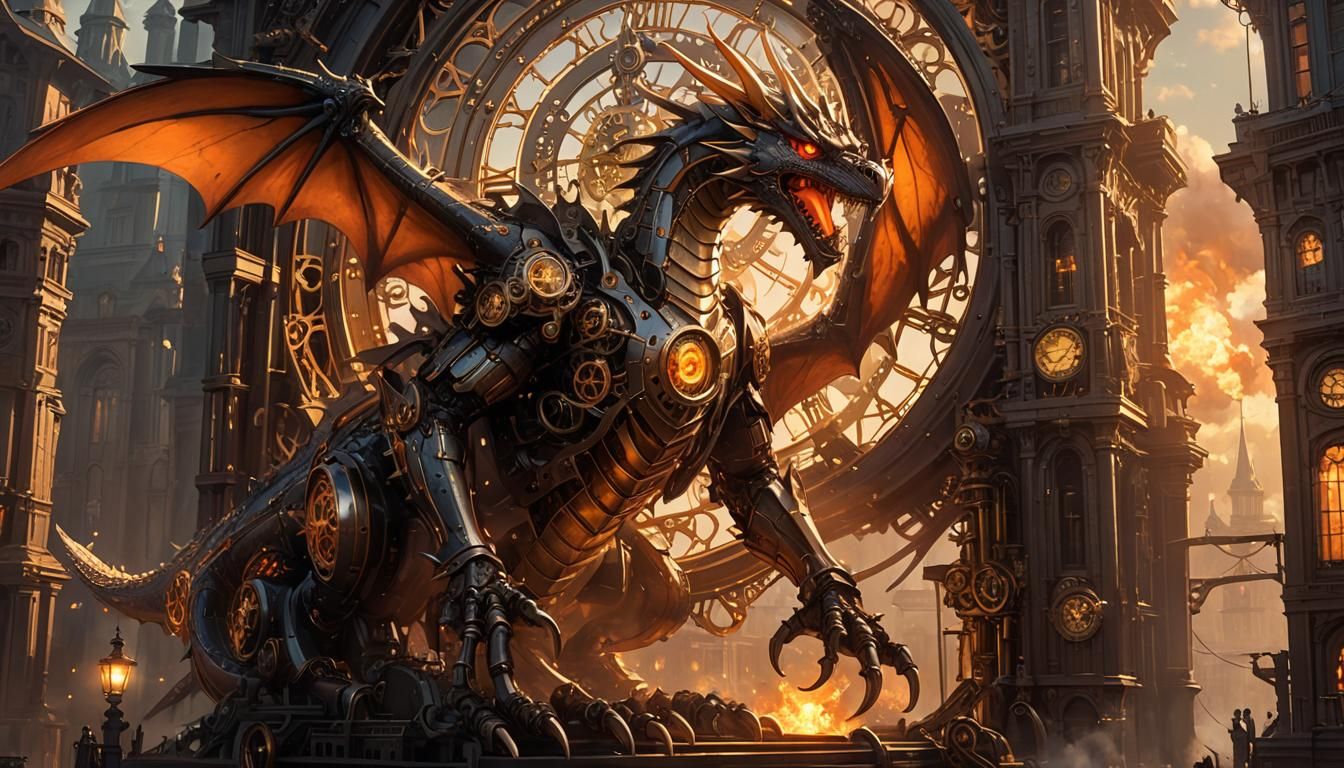 Steampunk Dragon Guarding Clocktower with Gears and Steam