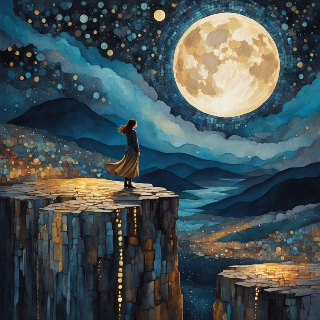 Depressed Woman on Mosaic Cliff in Dreamlike Painting