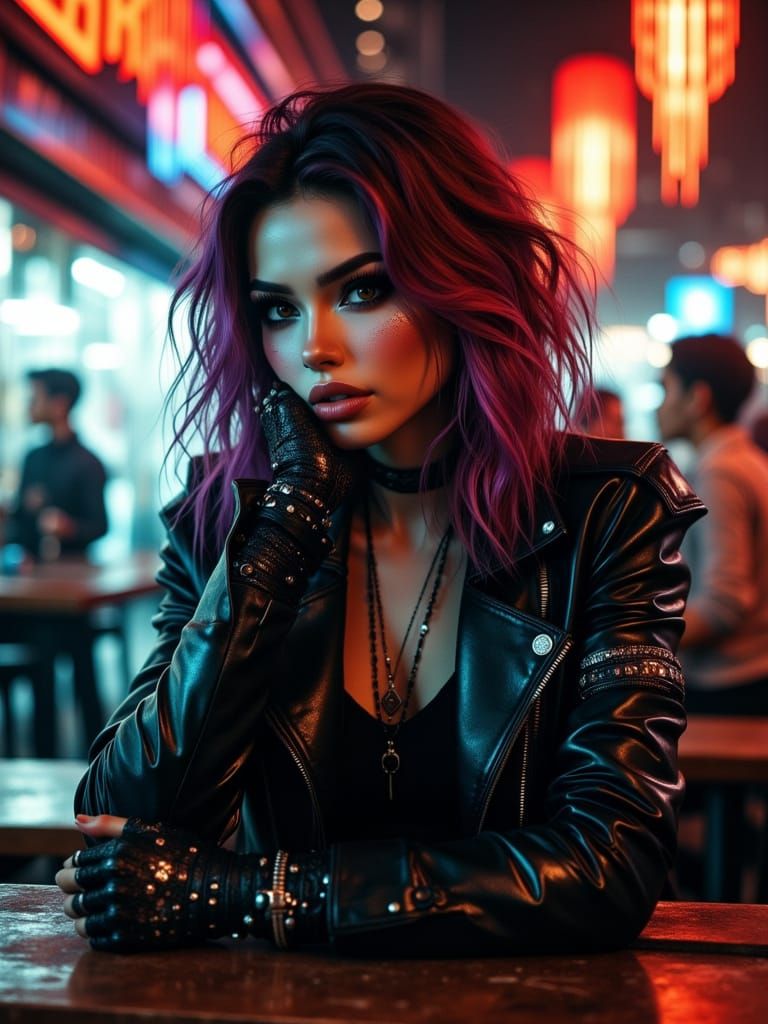 Gorgeous Cyberpunk Femme Bot in Neon Cafe