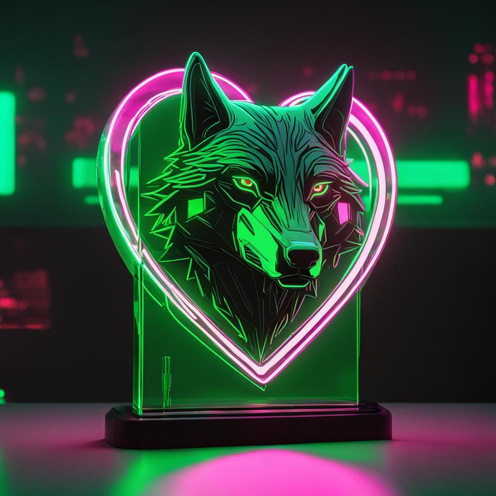 Heart Glass with Green Wolf in Cyberpunk Style