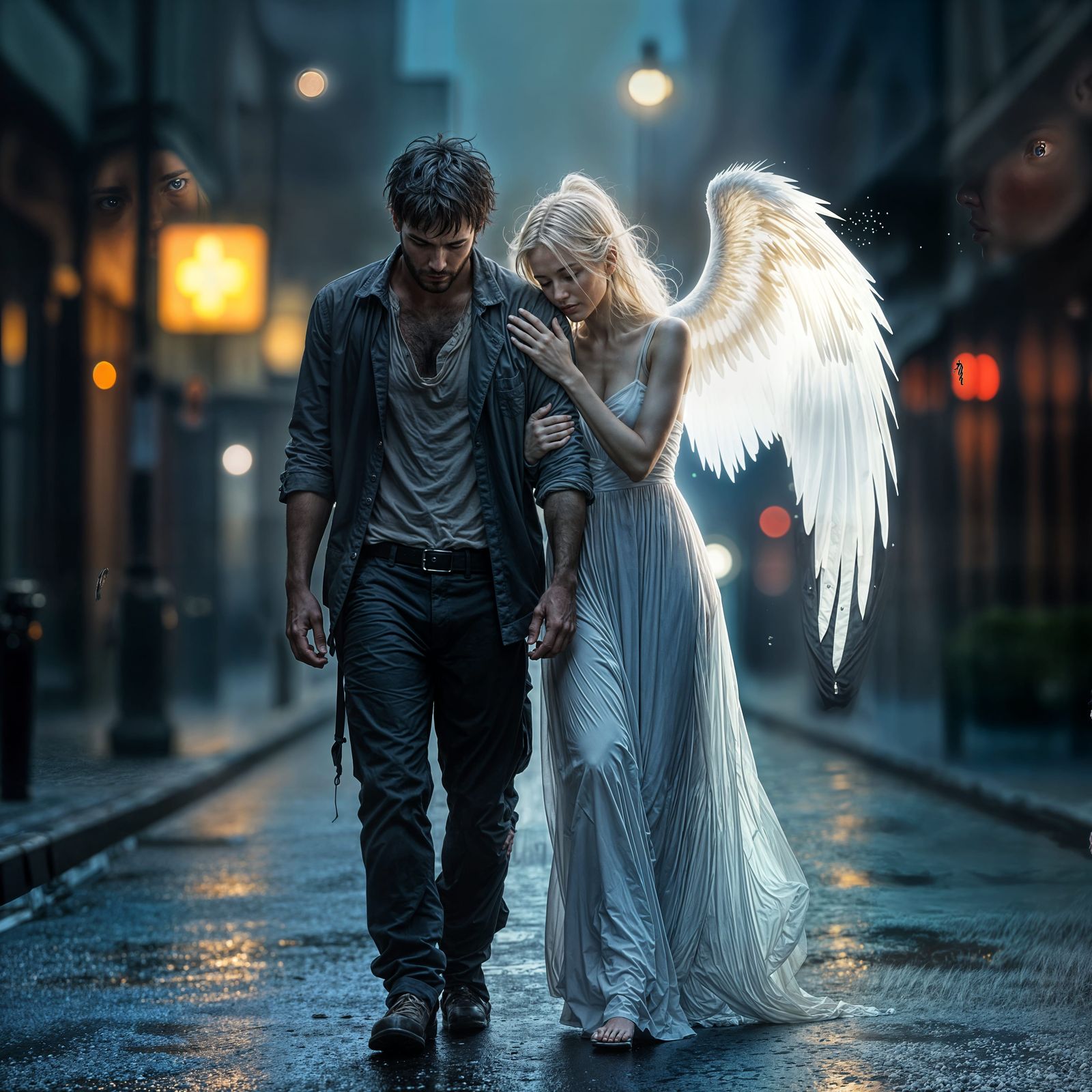 Lonely Man Comforted by Angel in the City