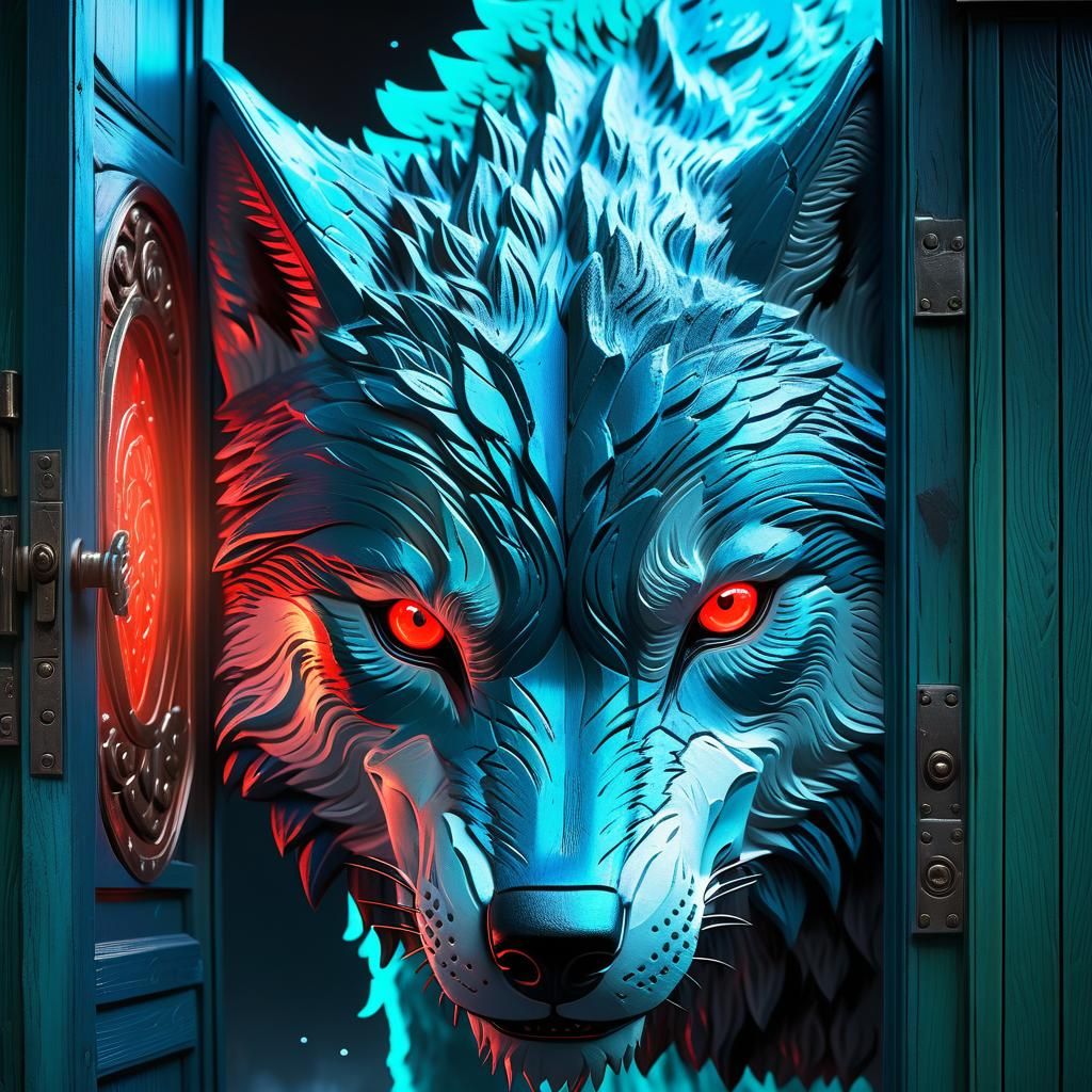 Luminescent Anime Door with Wolf Guardians