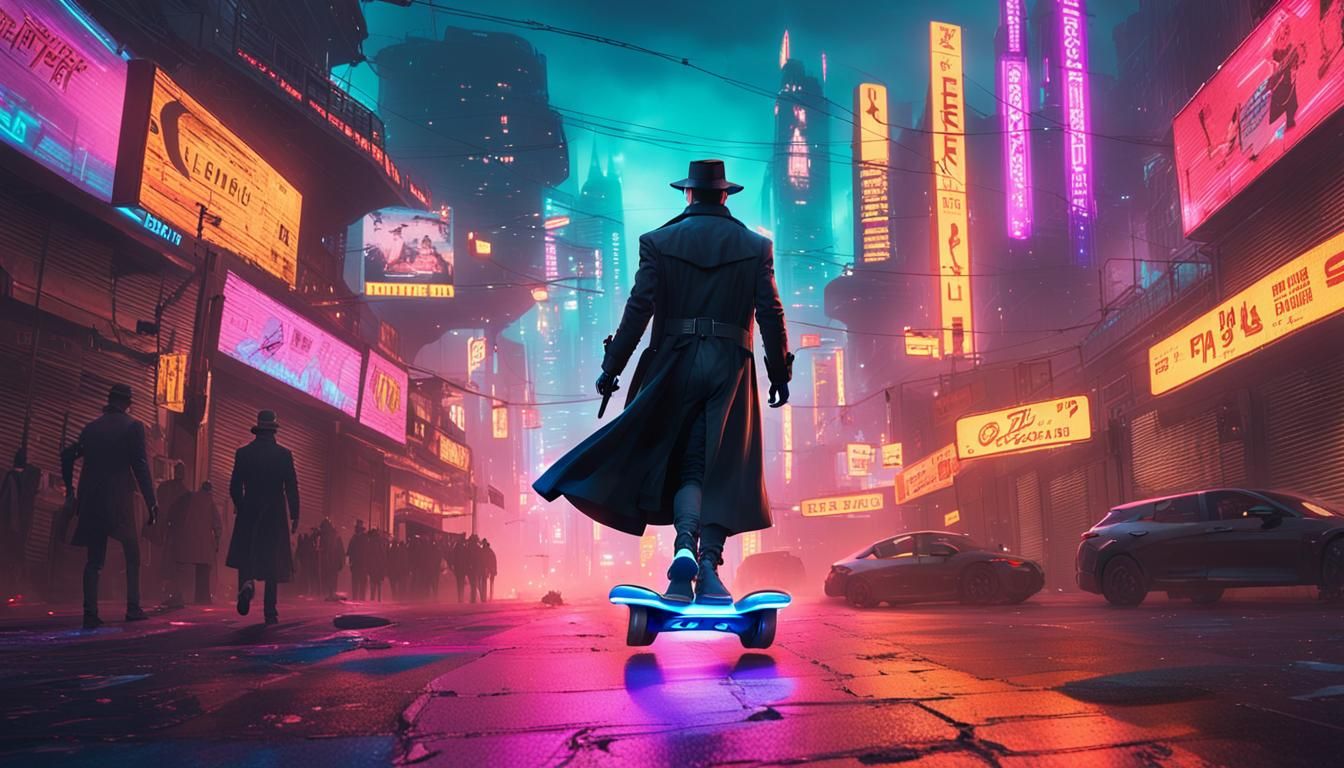 Cyberpunk Bounty Hunter on Hoverboard in Neon City