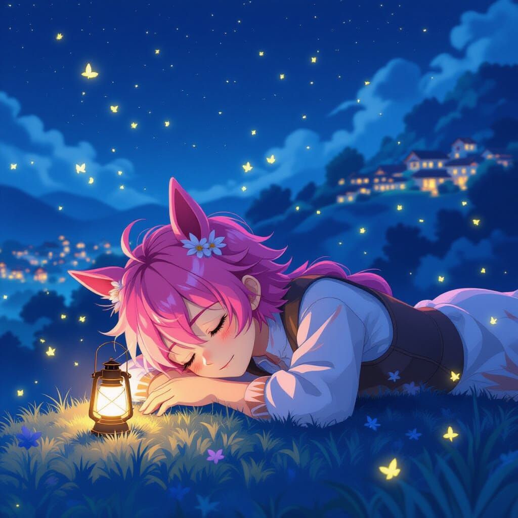 Mystical Anime Boy With Horse Ears Sleeping Under Night Sky