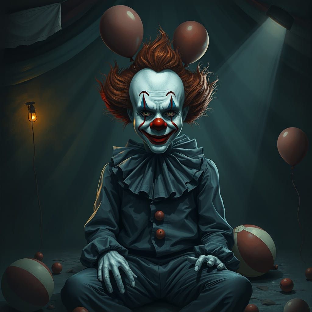 Tragic Clown in Haunting Carnival Scene