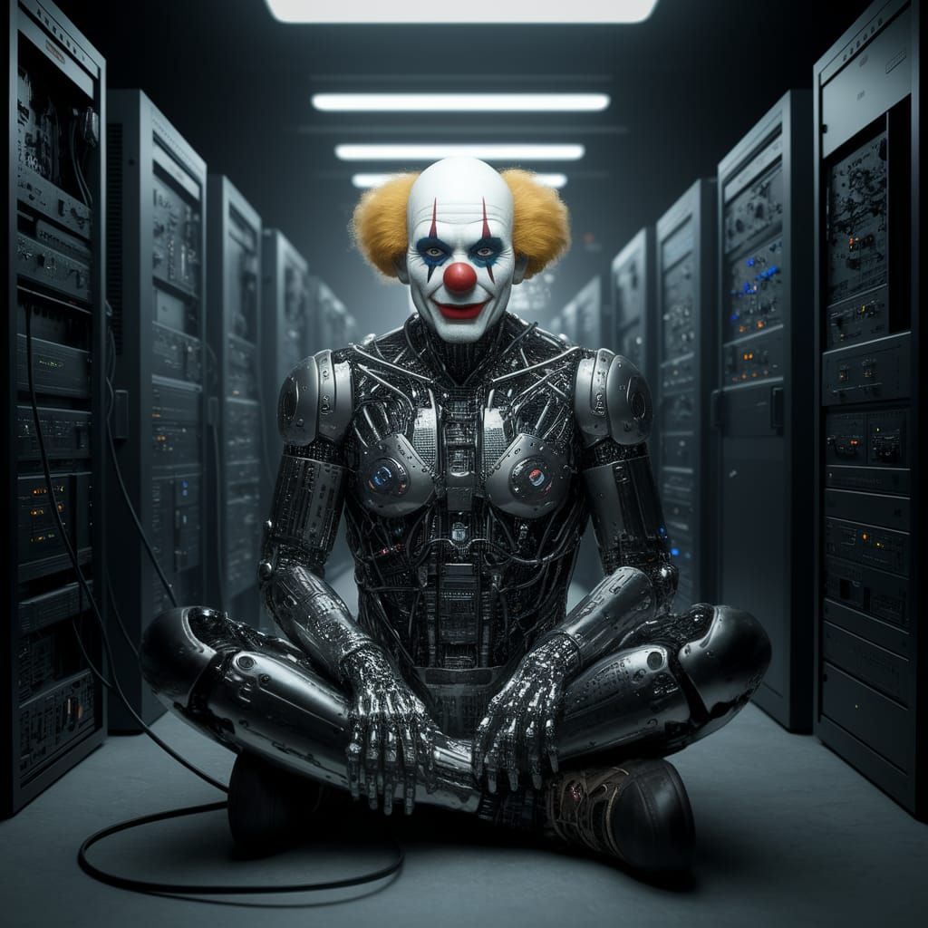 Cyborg Clown in Moody, Hyperrealistic HDR Scene
