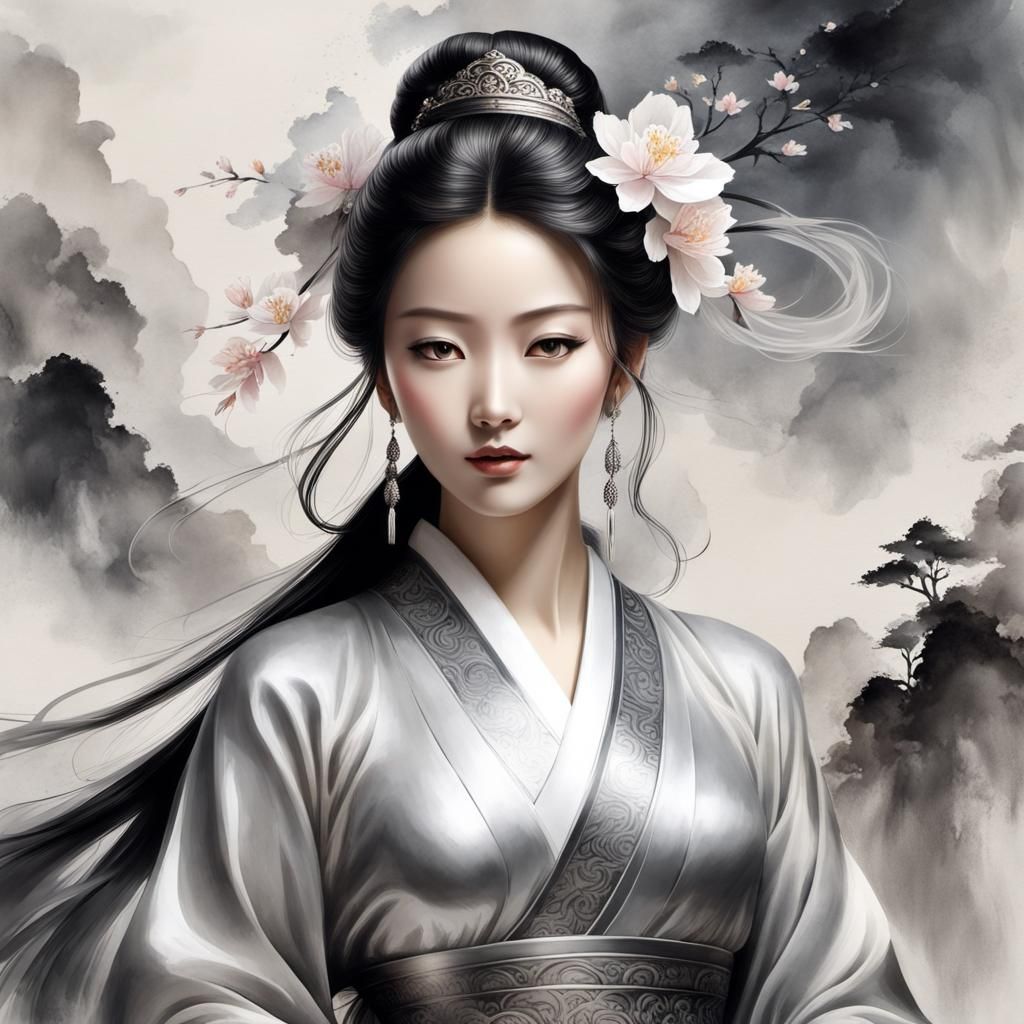 Gorgeous Chinese Goddess in Ink Painting Style