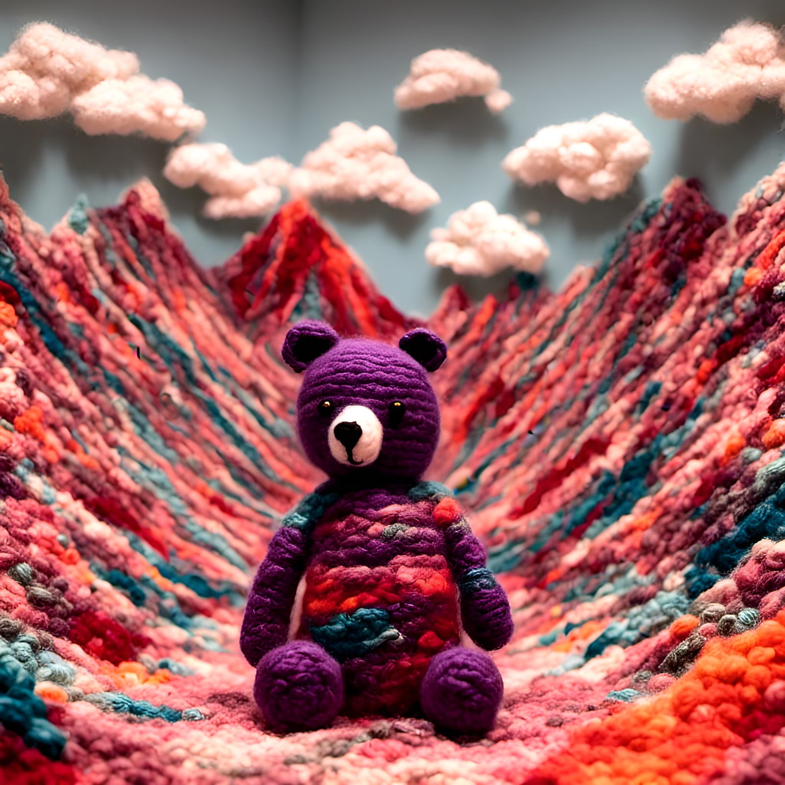 Crocheted Bear with Yarn Mountain Landscape