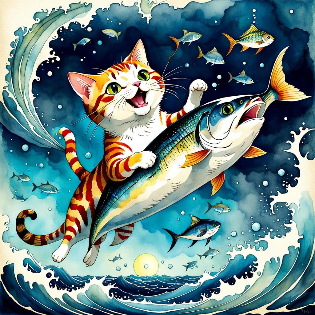 Whimsical Cat Catching Tuna in Watercolor Style