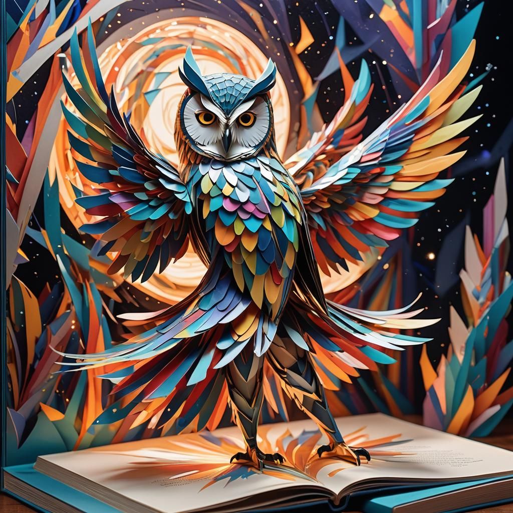 Cubist Pop-Up Book Scene with Owl and Woman