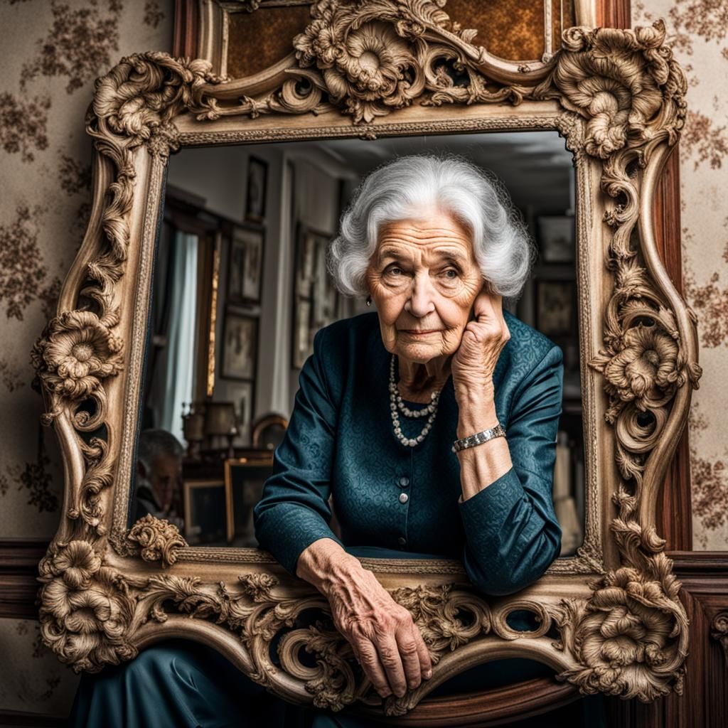 Old Woman, Ornate Mirror, and Youthful Reflection