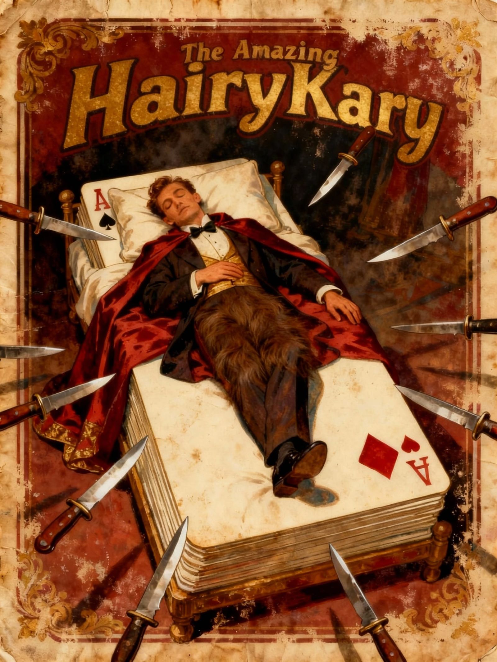 Vintage Magician Poster: Sleeping on Card Bed Surrounded by ...