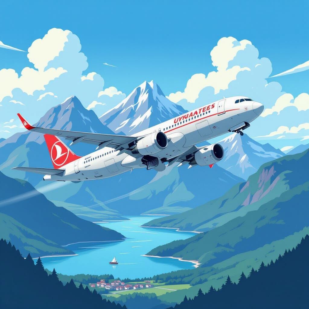 Airplane Over Mountains and Lakes in Cartoon Style