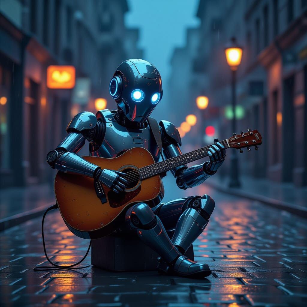 Chrome Robot Musician Plays Guitar in Rainy Twilight
