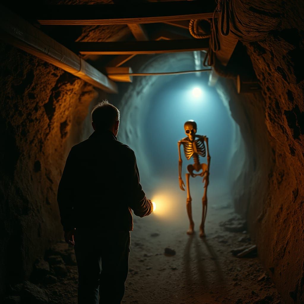 Explorer in Abandoned Mine with Eerie Glow
