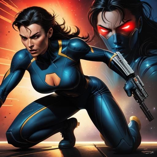 Space Woman Defends Ship in Comic Book Style