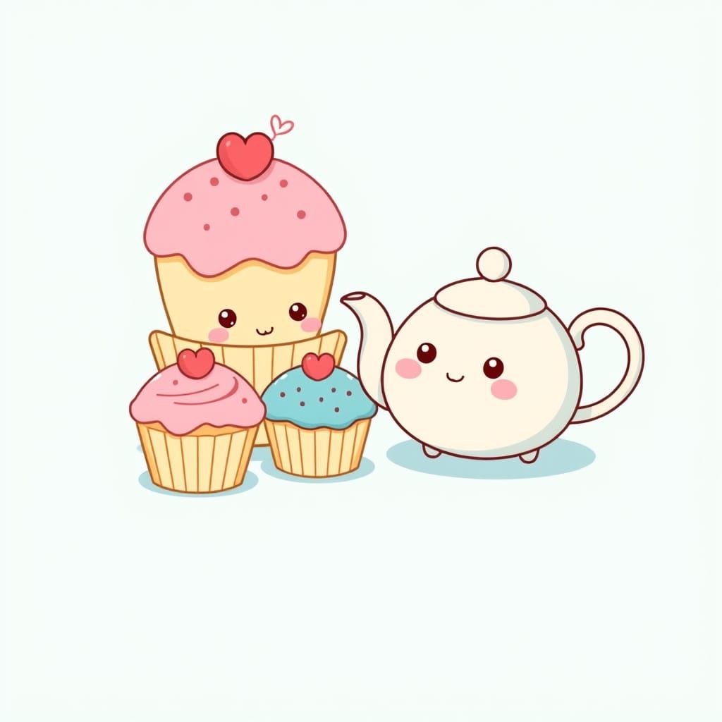 Kawaii Cupcakes and Teapot in Pastel Colors