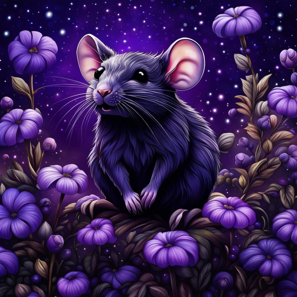 Hyperrealistic Chibi Rat with Purple Flowers