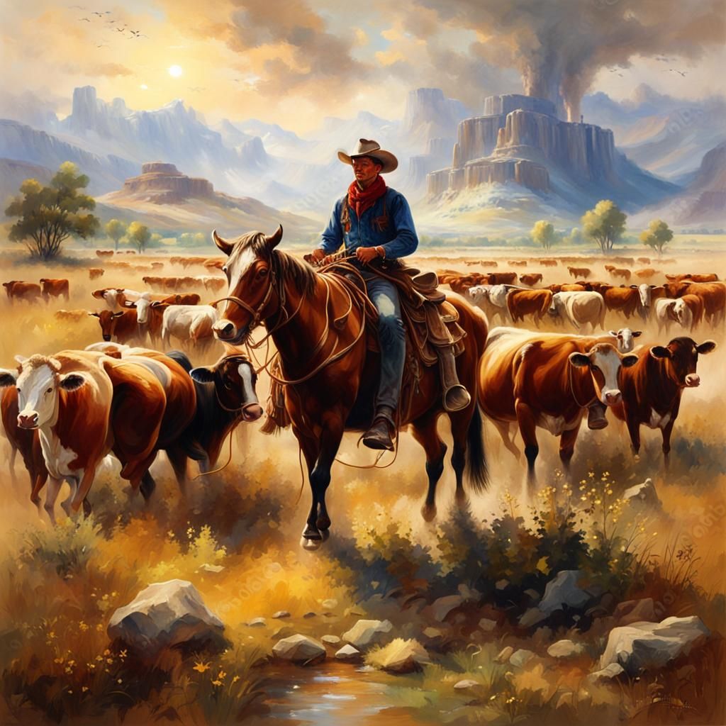 Cowboy Landscape in Style of Moran Oil Painting