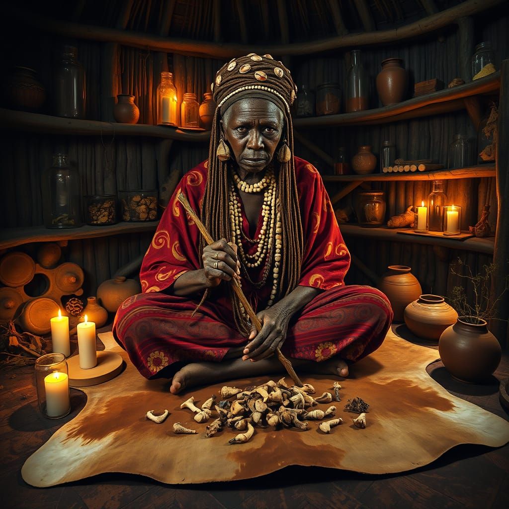 Zulu Inyanga Traditional Healer in a Mystical Hut
