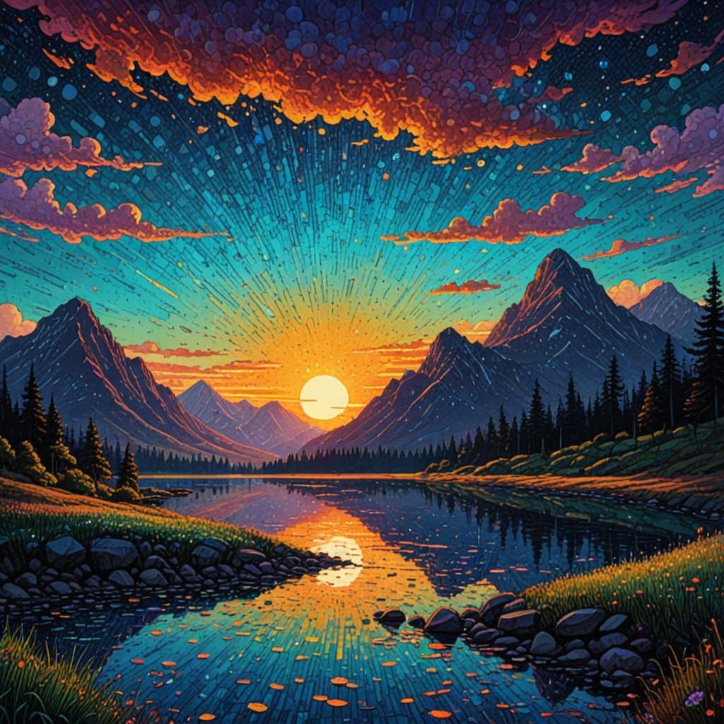 Vibrant Sunset Masterpiece in Pointillist Style