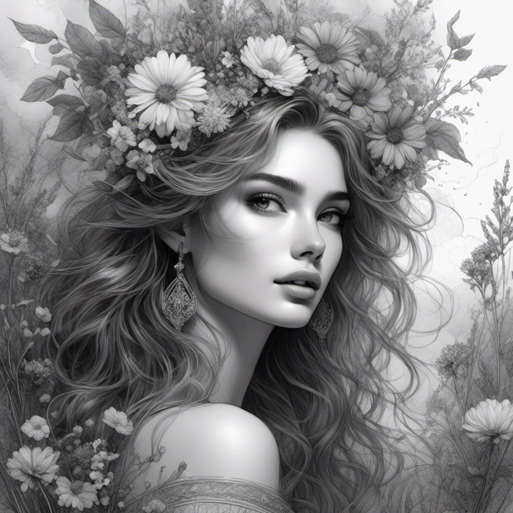 Stunning Pencil Sketch portrait  beautiful Prinsess of the Moon