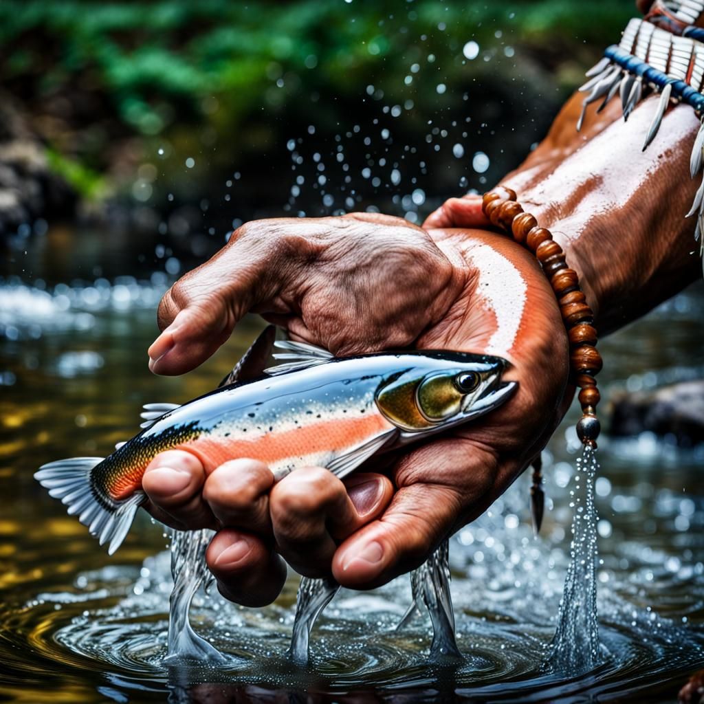 Native American Warrior Drinks from Glittering Stream