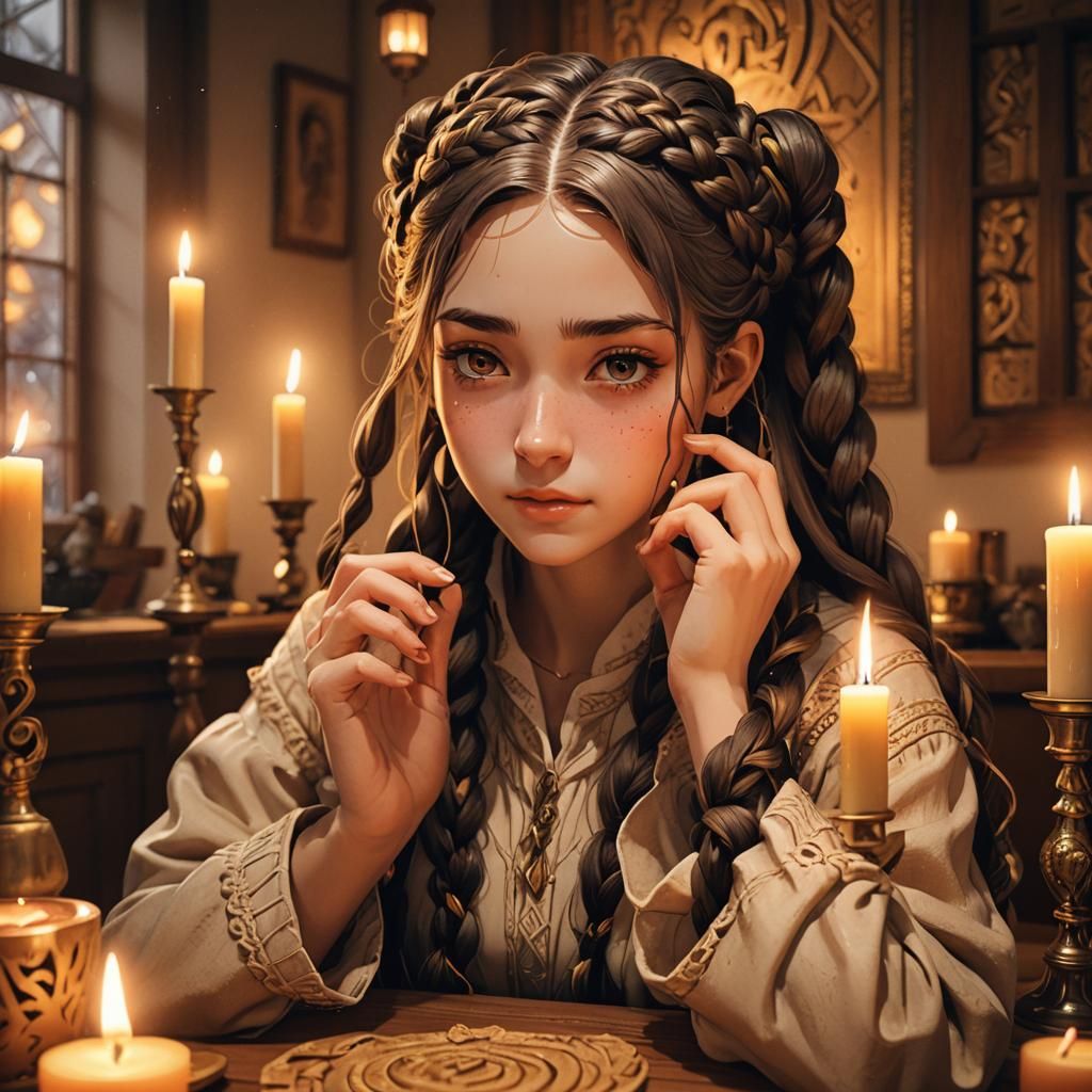 Braided Girl Lights Candles: 3D Anime Art