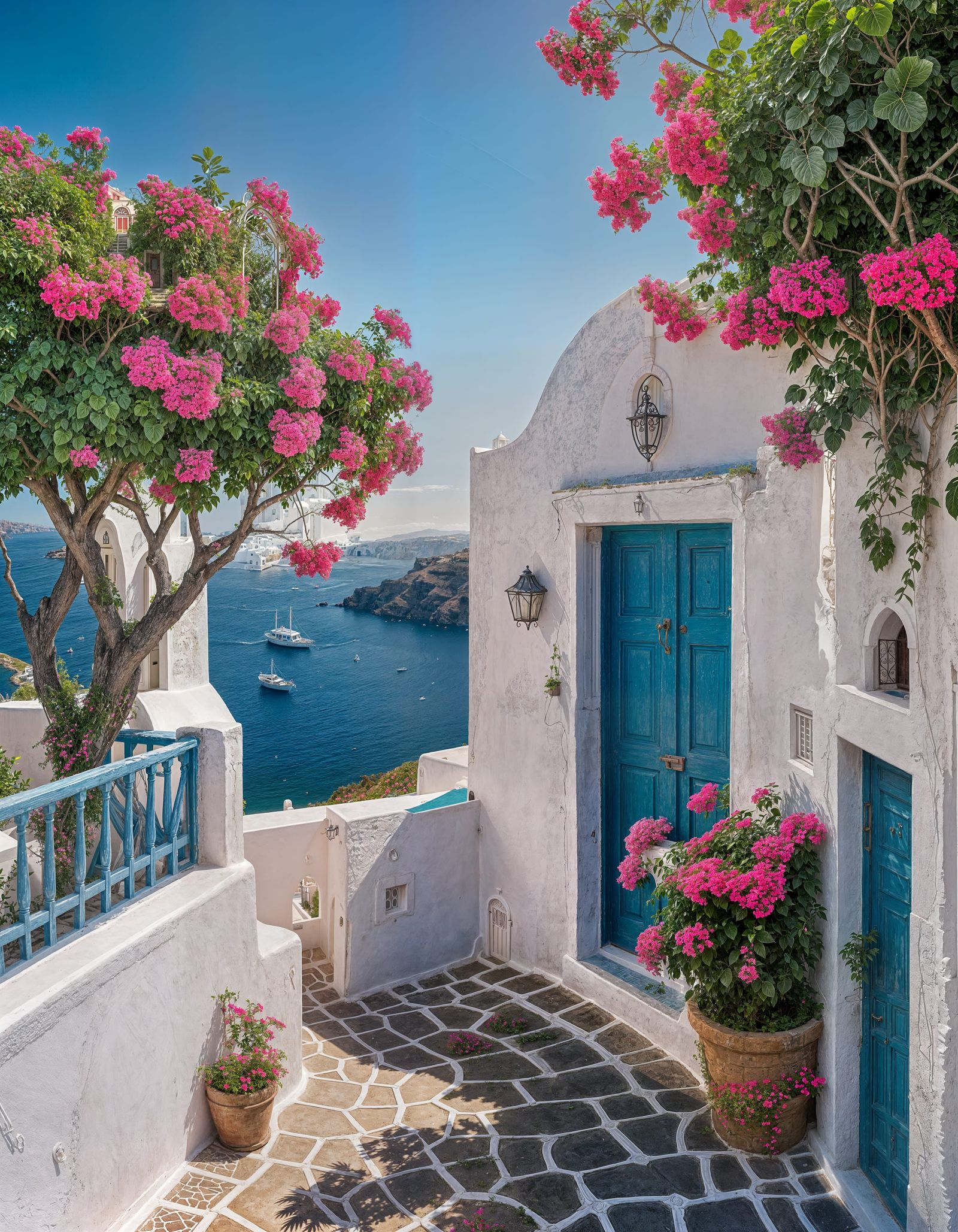 Santorini White Home with Vibrant Bougainvillea in Soft Ligh...