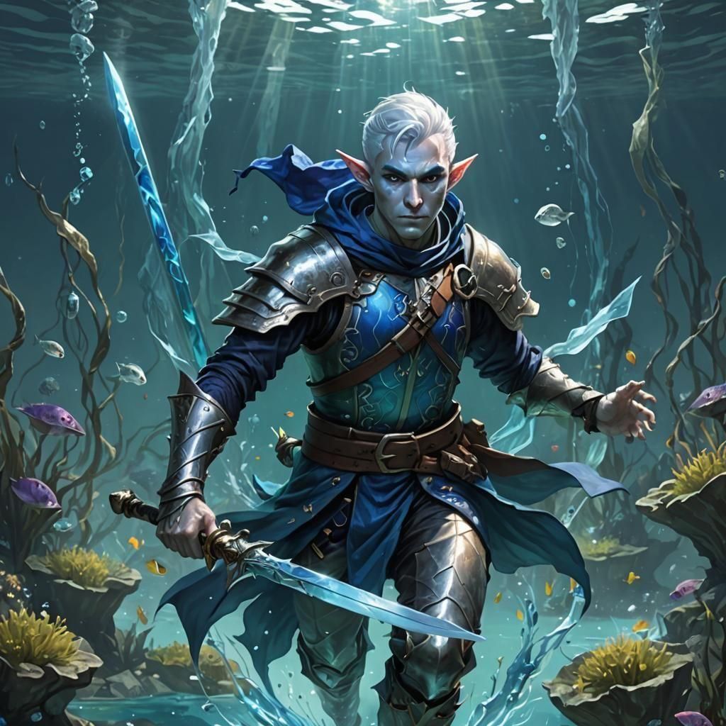 Underwater Elf Wizard with Floating Swords