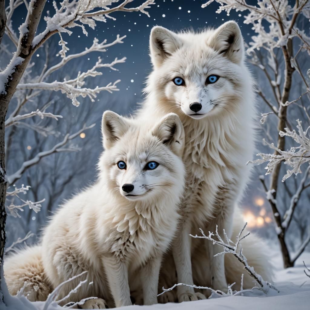 Arctic Fox Twins Under Moonlit Aurora, Anime Style