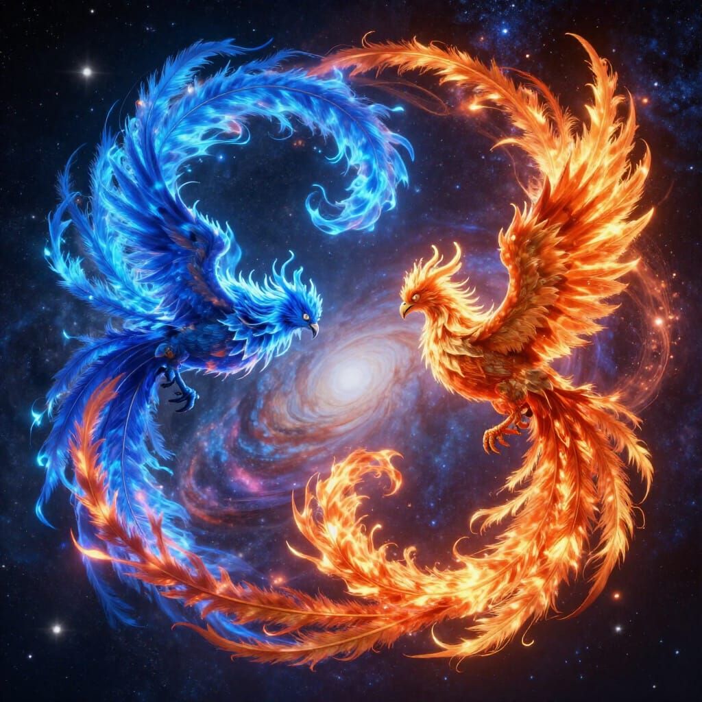Phoenix Battle in Yingyang Circle with Starry Galaxy Backgro...